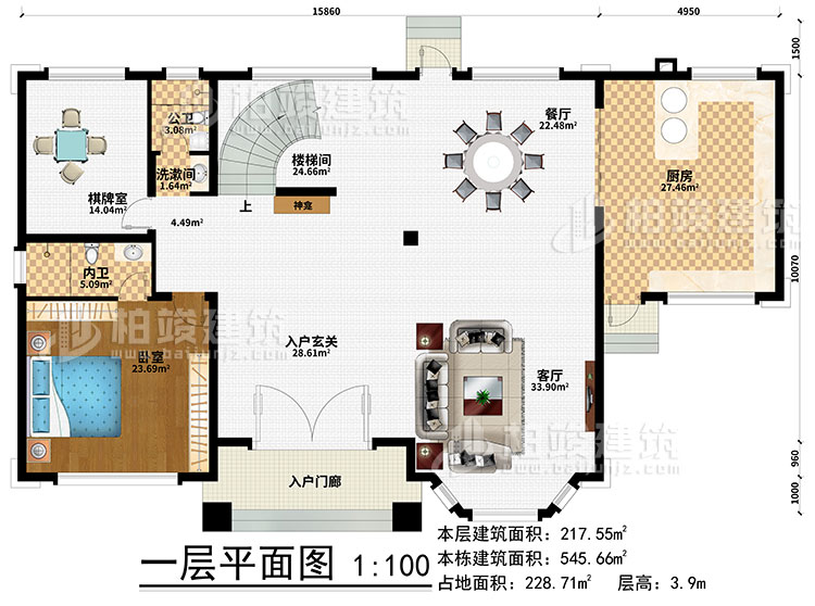 一層：樓梯間、3臥室、衣帽間、公衛(wèi)、內(nèi)衛(wèi)、陽(yáng)光房、涼亭、2露臺(tái)