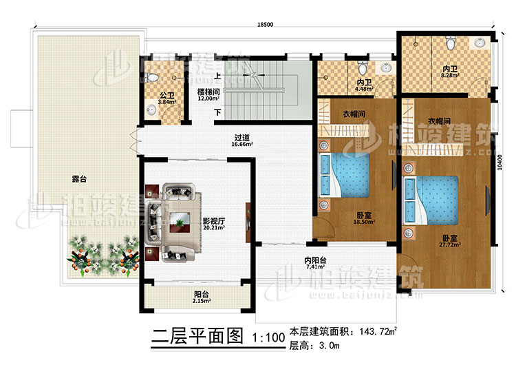 二層：樓梯間、過道、內陽臺、影視廳、2臥室、2衣帽間、陽臺、露臺、公衛(wèi)、2內衛(wèi)