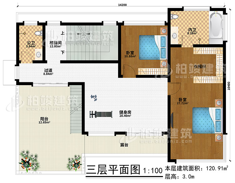 三層：健身房、樓梯間、2臥室、衣帽間、過道、公衛(wèi)、內衛(wèi)、陽臺、露臺