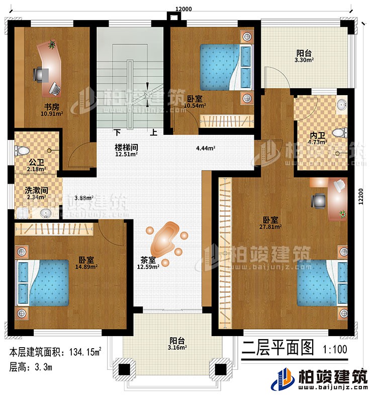 二層：樓梯間、茶室、3臥室、洗漱間、公衛(wèi)、內(nèi)衛(wèi)、2陽臺