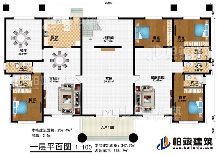 一層：入戶門廊、堂屋、客餐廳、餐廳、廚房、樓梯間、4臥室、2公衛(wèi)、3內(nèi)衛(wèi)、家庭影院