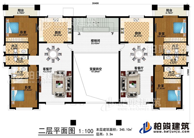 二層：堂屋挑空、樓梯間、2廚房、2客餐廳、4臥室、2公衛(wèi)、4內(nèi)衛(wèi)、2陽臺