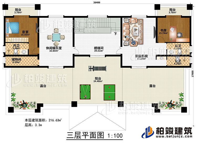三層：樓梯間、休閑娛樂室、家庭影院、臥室、書房、2公衛(wèi)、內(nèi)衛(wèi)、儲物間、3陽臺、2露臺
