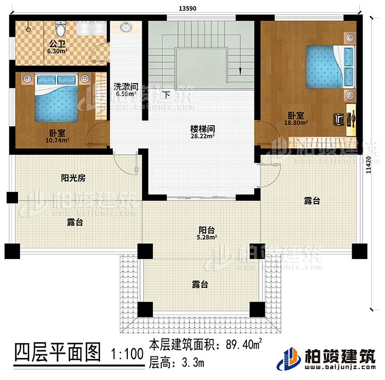 四層：樓梯間、洗漱間、2臥室、陽光房、公衛(wèi)、陽臺、3露臺