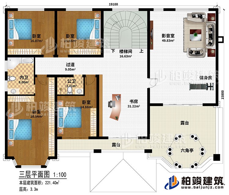 三層：樓梯間、書房、過道、4臥室、公衛(wèi)、內(nèi)衛(wèi)、影音室、健身房、2露臺、六角亭