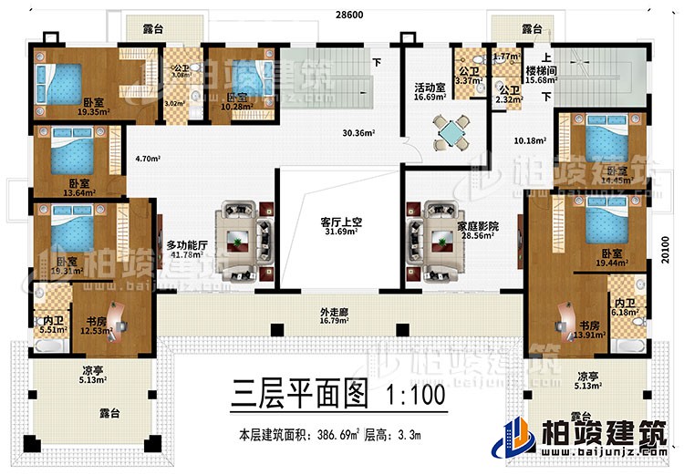 三層：多功能廳、客廳上空、家庭影院、6臥室、2書房、活動室、3公衛(wèi)、2內衛(wèi)、4露臺、2涼亭、外走廊、樓梯間