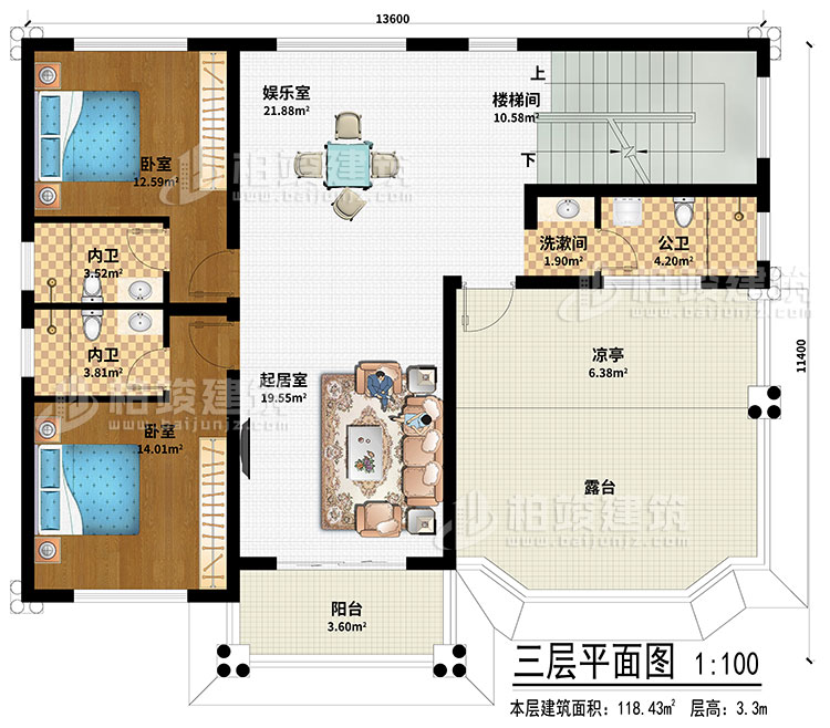 三層：起居室、娛樂室、樓梯間、2臥室、洗漱間、公衛(wèi)、2內(nèi)衛(wèi)、涼亭、陽臺、露臺