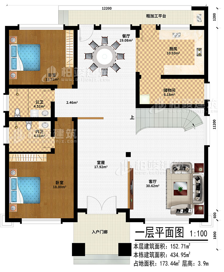 一層：入戶門廊、堂屋、客廳、餐廳、廚房、儲(chǔ)物間、2臥室、公衛(wèi)、內(nèi)衛(wèi)、粗加工平臺(tái)