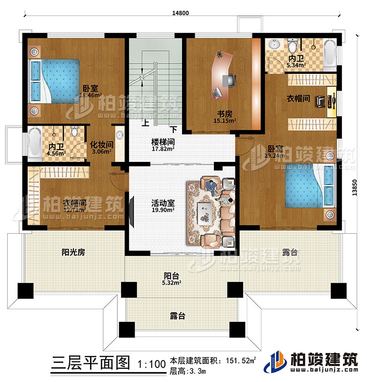 三層：樓梯間、活動室、2臥室、2衣帽間、化妝間、2內(nèi)衛(wèi)、書房、陽臺、陽光房、2露臺