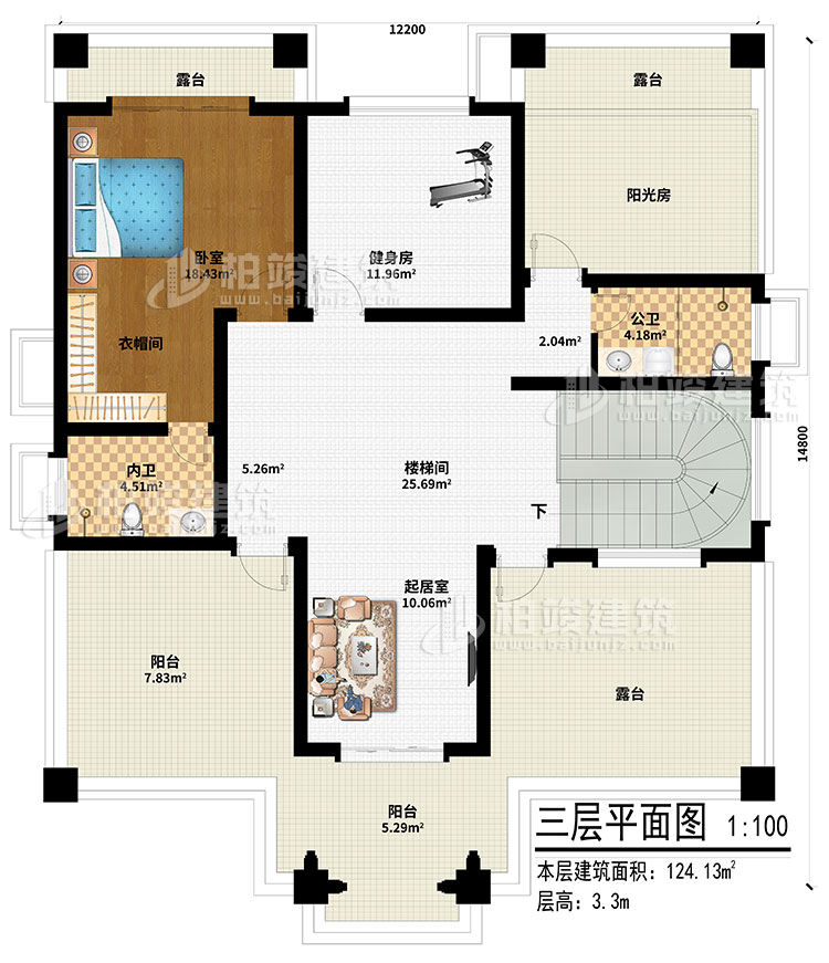 三層：起居室、樓梯間、健身房、陽光房、臥室、衣帽間、內(nèi)衛(wèi)、公衛(wèi)、2陽臺(tái)、3露臺(tái)
