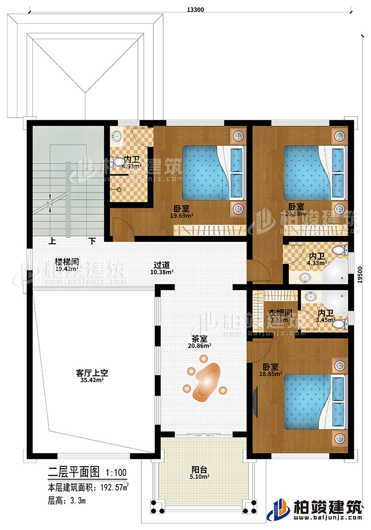二層：樓梯間、3臥室、過道、茶室、客廳上空、衣帽間、3內(nèi)衛(wèi)、陽臺