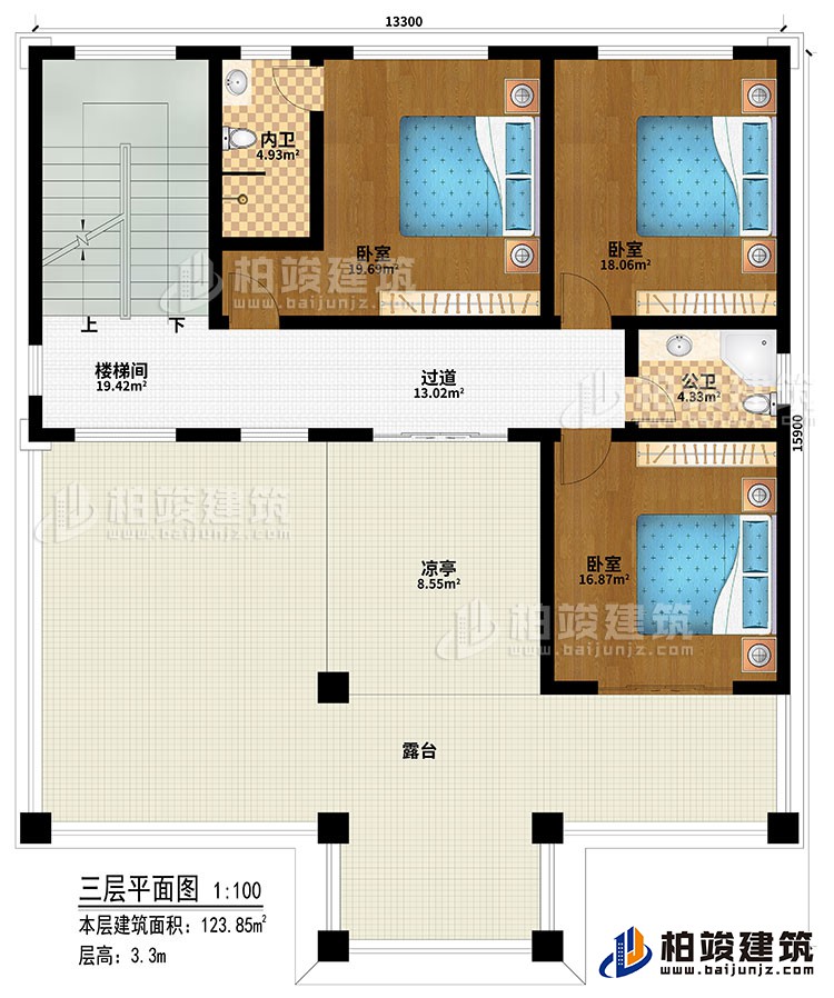 三層：樓梯間、過道、3臥室、公衛(wèi)、內(nèi)衛(wèi)、涼亭、露臺
