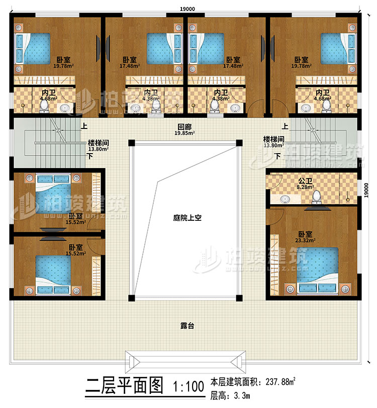 二層：回廊、露臺(tái)、庭院上空、2樓梯間、7臥室、4內(nèi)衛(wèi)、公衛(wèi)