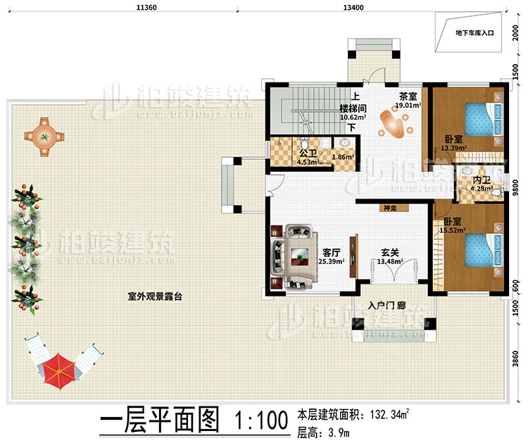 一層：起居室、樓梯間、書(shū)房、3臥室、衣帽間、公衛(wèi)、內(nèi)衛(wèi)、陽(yáng)臺(tái)