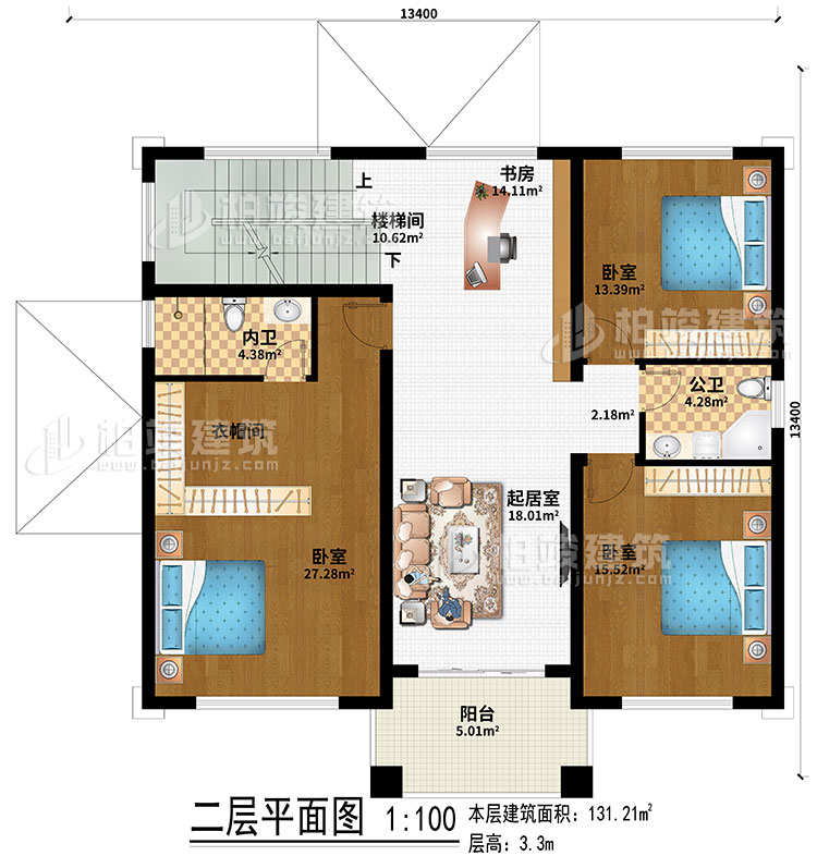 二層：室外觀景露臺(tái)、地下車庫(kù)入口、入戶門廊、玄關(guān)、客廳、神龕、茶室、樓梯間、2臥室、公衛(wèi)、內(nèi)衛(wèi)