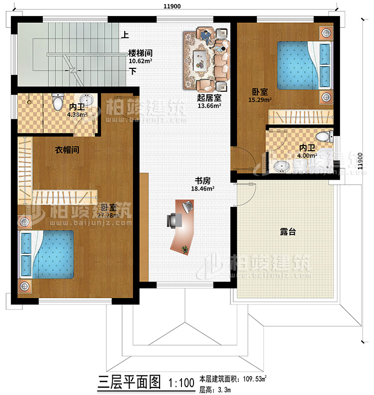三層：2臥室、起居室、樓梯間、衣帽間、書(shū)房、2內(nèi)衛(wèi)、露臺(tái)
