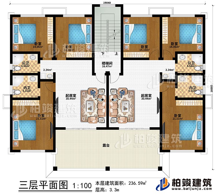 三層：2起居室、樓梯間、6臥室、2公衛(wèi)、2內(nèi)衛(wèi)、露臺(tái)