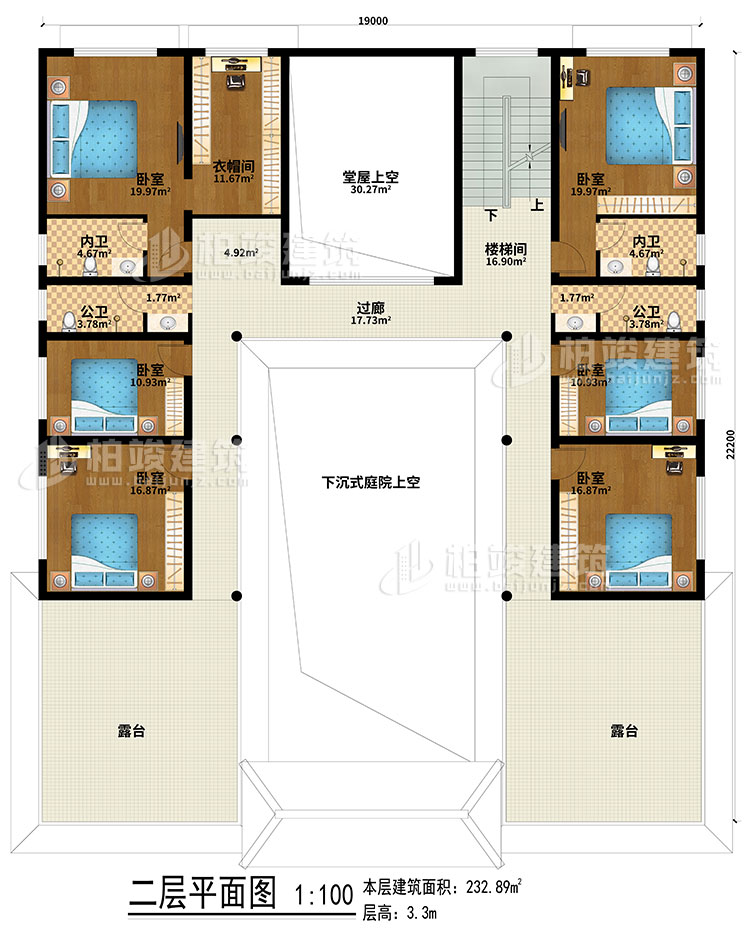 二層：下沉式庭院上空、堂屋上空、樓梯間、過廊、6臥室、衣帽間、2公衛(wèi)、2內(nèi)衛(wèi)、露臺