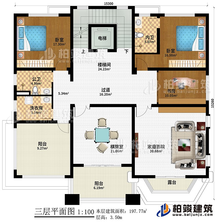 三層：2臥室、樓梯間、過道、書房、洗衣房、棋牌室、家庭影院、公衛(wèi)、內(nèi)衛(wèi)、2陽臺(tái)、露臺(tái)