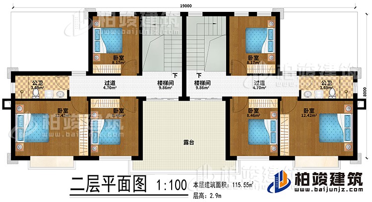 二層：2樓梯間、6臥室、2公衛(wèi)、2過道、露臺
