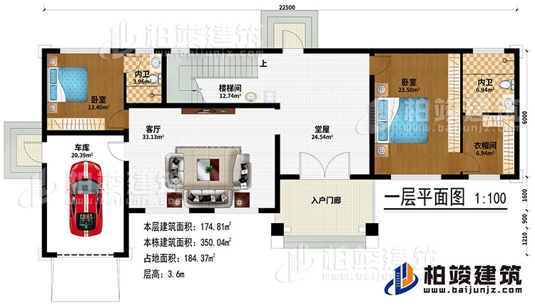 一層:入戶門廊、堂屋、客廳、車庫、樓梯間、2臥室、衣帽間、2內(nèi)衛(wèi)