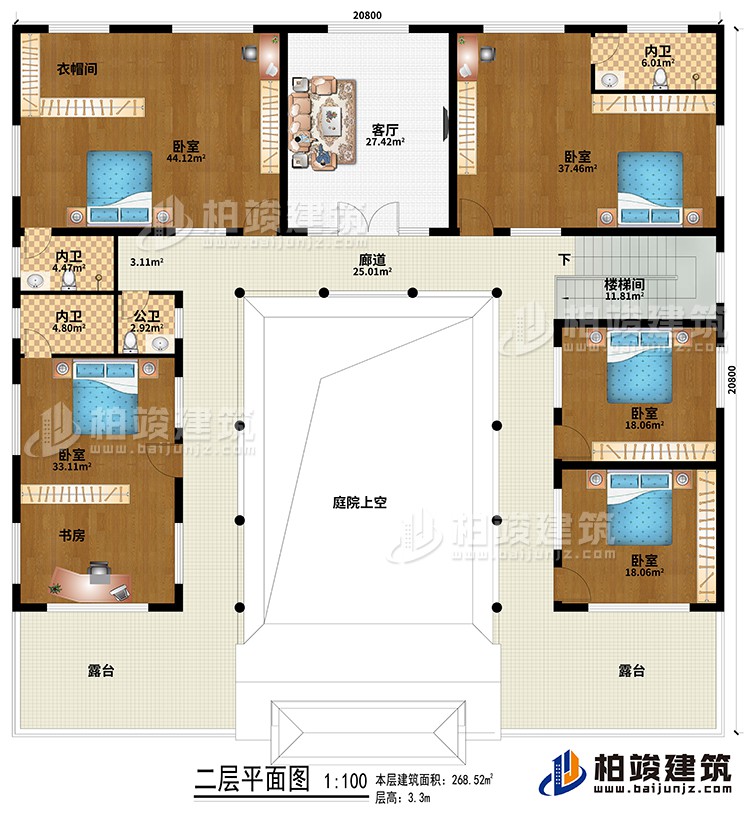二層：樓梯間、廊道、庭院上空、客廳、5臥室、衣帽間、書(shū)房、3內(nèi)衛(wèi)、公衛(wèi)、2露臺(tái)
