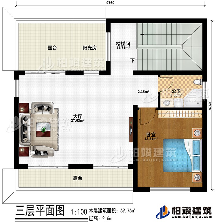 三層：樓梯間、大廳、臥室、公衛(wèi)、陽(yáng)光房、2露臺(tái)