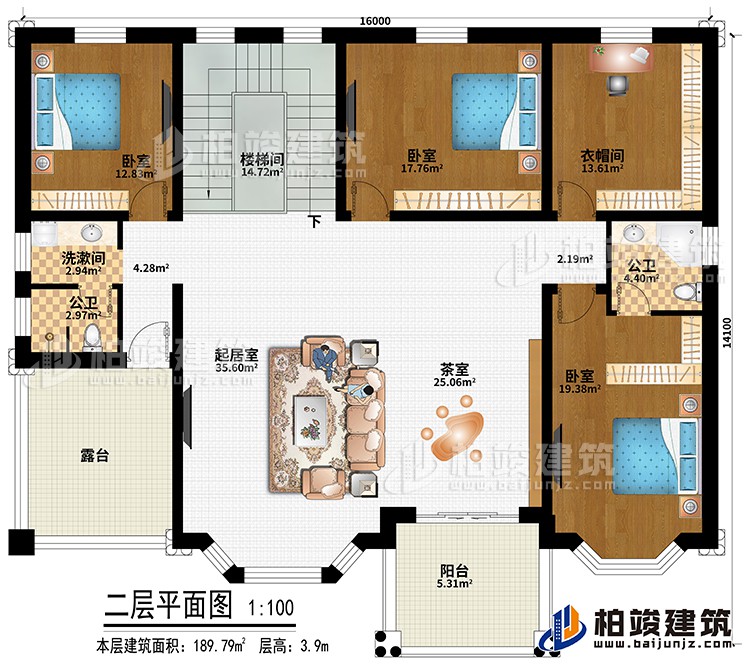 二層：樓梯間、起居室、茶室、3臥室、衣帽間、洗漱間、公衛(wèi)、內(nèi)衛(wèi)、陽臺、露臺