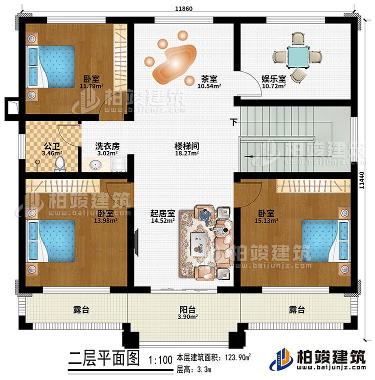 二層：樓梯間、起居室、茶室、3臥室、娛樂室、洗衣房、公衛(wèi)、陽臺、2露臺