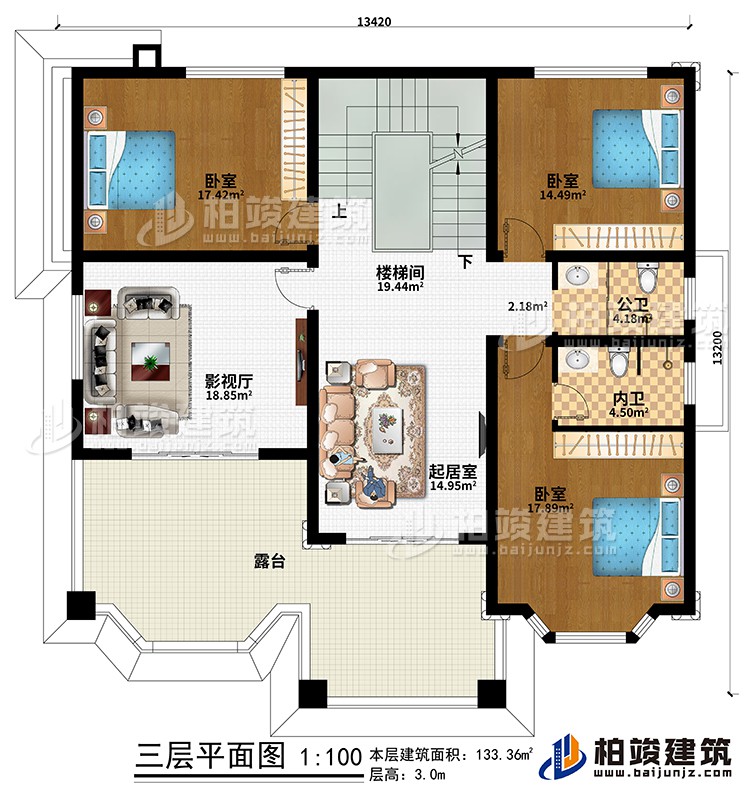 三層：樓梯間、起居室、影視廳、3臥室、公衛(wèi)、內衛(wèi)、露臺