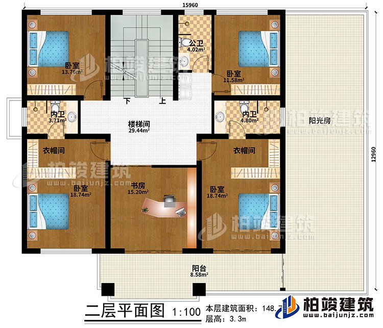 二層：樓梯間、4臥室、書房、2衣帽間、公衛(wèi)、2內(nèi)衛(wèi)、陽臺、陽光房
