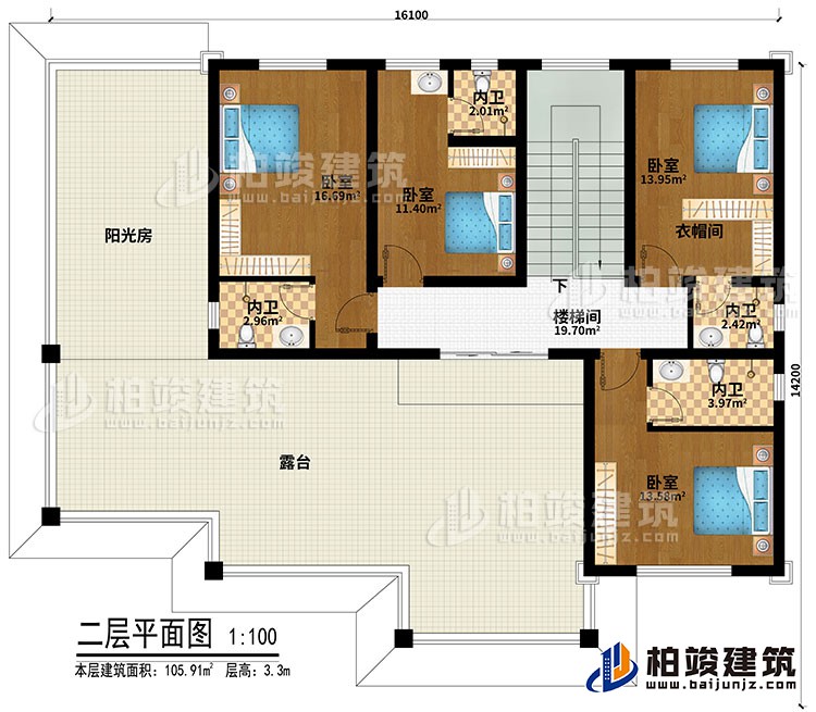 二層：4臥室、衣帽間、樓梯間、4內(nèi)衛(wèi)、陽光房、露臺(tái)