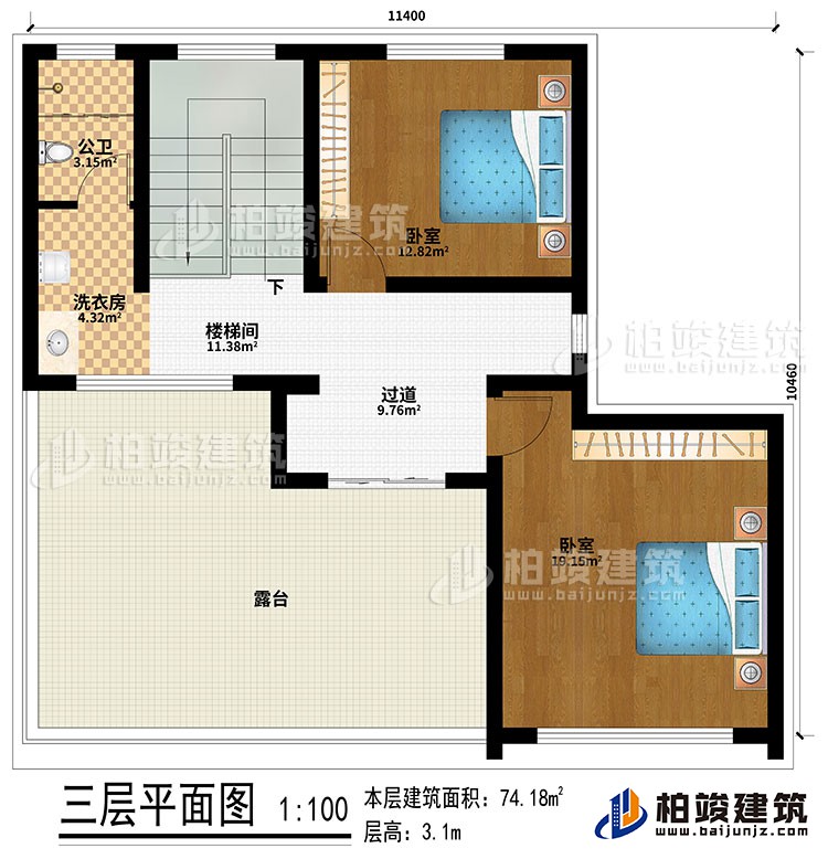 三層：過(guò)道、樓梯間、2臥室、公衛(wèi)、洗衣房、露臺(tái)