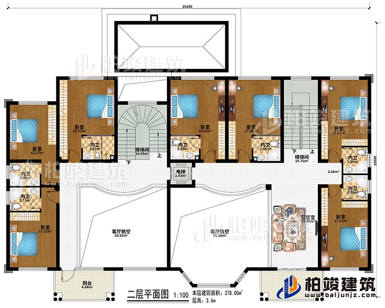 二層：2樓梯間、2客廳挑空、起居室、7臥室、7內(nèi)衛(wèi)、電梯、2陽臺(tái)