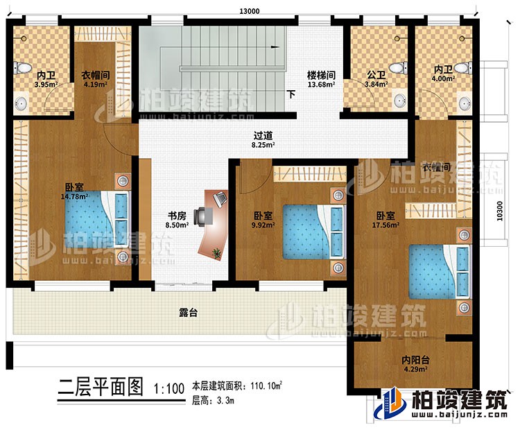 二層：樓梯間、過(guò)道、書房、3臥室、2衣帽間、2內(nèi)衛(wèi)、公衛(wèi)、露臺(tái)、內(nèi)陽(yáng)臺(tái)