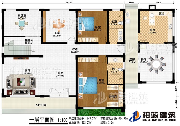 一層：入戶門廊、客廳、玄關(guān)、樓梯間、過道、棋牌室、茶室、餐廳、廚房、2臥室、衣帽間、公衛(wèi)、內(nèi)衛(wèi)、連廊