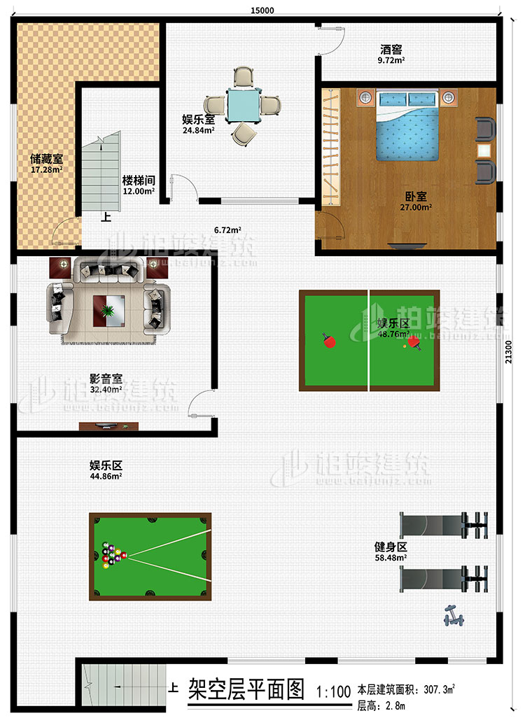 架空層：儲(chǔ)藏室、樓梯間、娛樂(lè)室、酒窖、臥室、影音室、2娛樂(lè)區(qū)、健身區(qū)