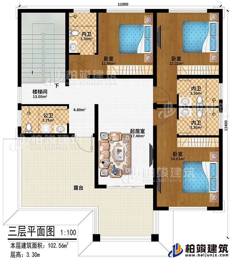 三層：起居室、樓梯間、3臥室、3內(nèi)衛(wèi)、公衛(wèi)、露臺(tái)