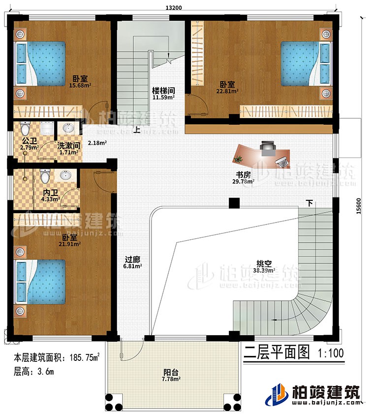 二層：挑空、過道、書房、樓梯間、3臥室、洗漱間、公衛(wèi)、內(nèi)衛(wèi)、陽臺