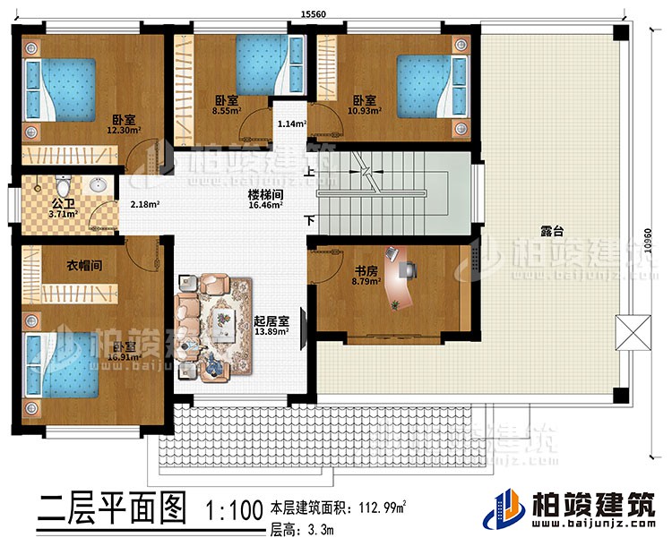 二層：樓梯間、起居室、4臥室、衣帽間、書房、公衛(wèi)、露臺(tái)